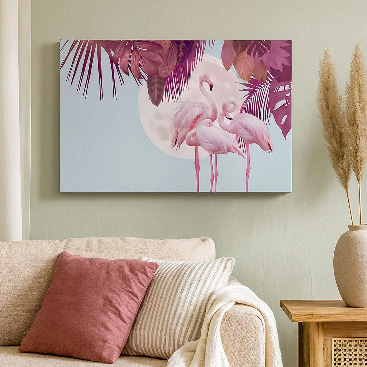 Bild auf Leinwand - Leinwandbild - Rosa Flamingos vor dem Hintergrund des Mondes und tropischer Blätter - 70x50cm - Drei Vogelgnaden - Moderne Wanddekoration für Wohnzimmer und Schlafzimmer ARTTOR