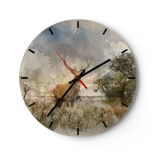 Wanduhr - Glasuhr - Ein Hirsch vor der Kulisse einer malerischen Lichtung und Bäumen - 30x30cm - Würde – Stärke – Würde - Moderne Wanddekoration für Wohnzimmer, Küche und Schlafzimmer ARTTOR