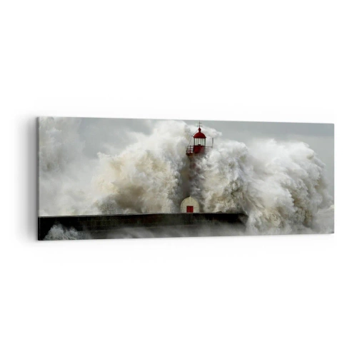Bild auf Leinwand - Leinwandbild - Ein Leuchtturm, umgeben von rauen Wellen während eines Sturms - 140x50cm - Die Wut des Ozeans - Moderne Wanddekoration für Wohnzimmer und Schlafzimmer ARTTOR
