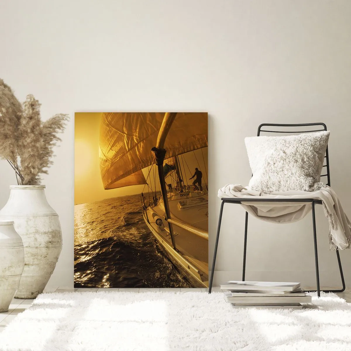 Glasbild - Bild auf glas - Segelboot auf See bei Sonnenuntergang, goldener Schein. - 80x120cm - Ein goldener Abend nach einem bunten Tag - Moderne Wanddekoration für Wohnzimmer und Schlafzimmer ARTTOR