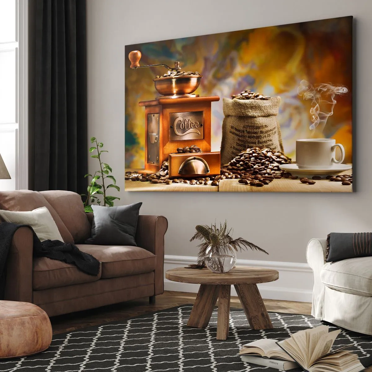 Bild auf Leinwand - Leinwandbild - Kaffeemühle mit Bohnen und einer Tasse auf dem Hintergrund - 120x80cm - Das Knirschen der Körner, das Rasseln einer Mühle - Moderne Wanddekoration für Wohnzimmer und Schlafzimmer ARTTOR