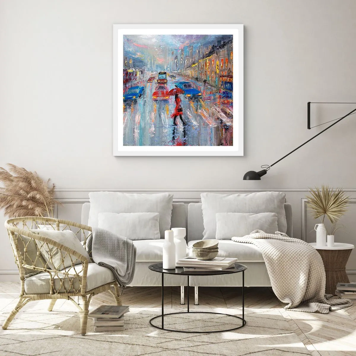 Poster in einem weißen Rahmen - Regnerischer Nachmittag in der Stadt - 40x40 cm