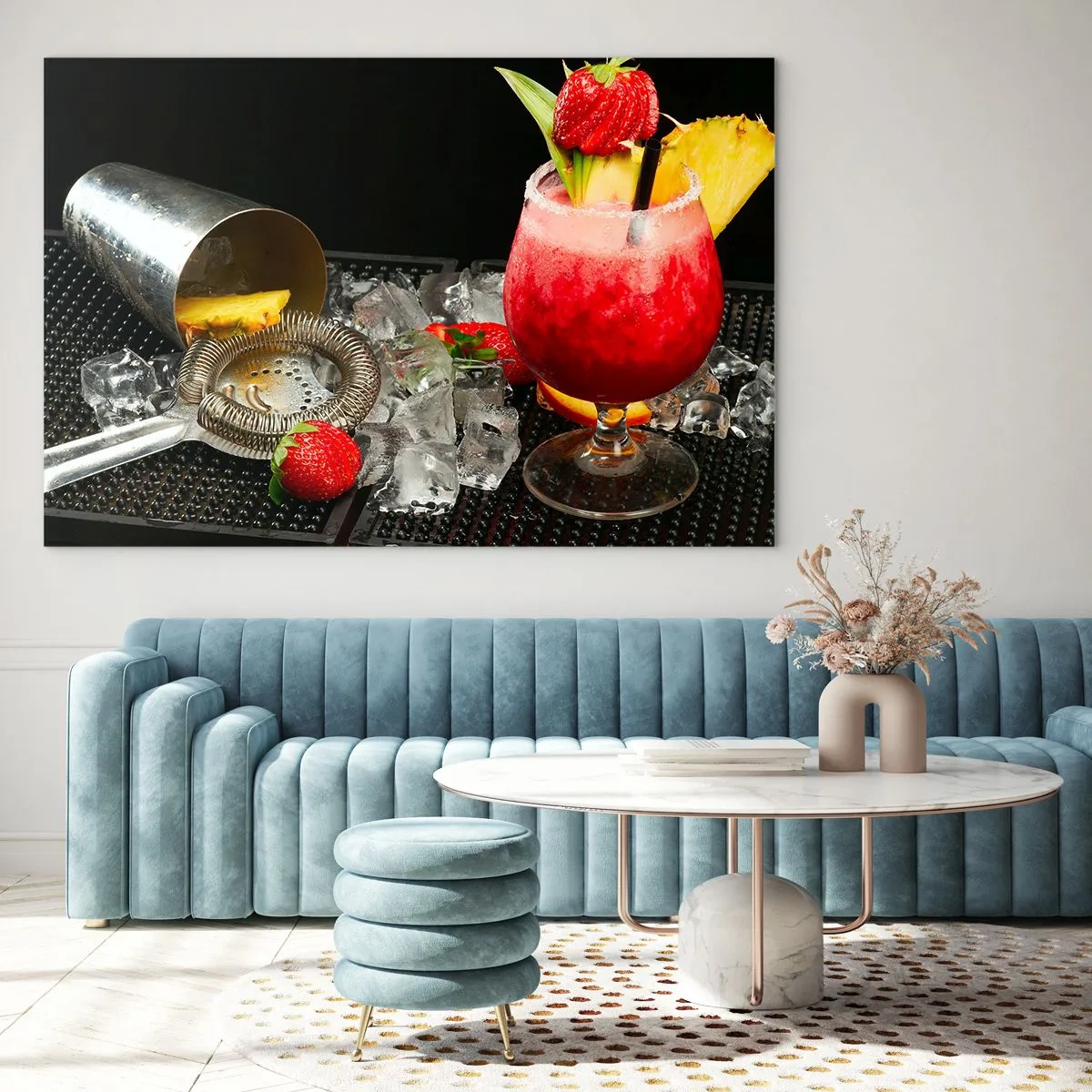 Glasbild - Bild auf glas - Ein farbenfroher Drink mit Früchten und einem Shaker auf Eis - 70x50cm - Zaubern Sie einen Geschmack - Moderne Wanddekoration für Wohnzimmer und Schlafzimmer ARTTOR