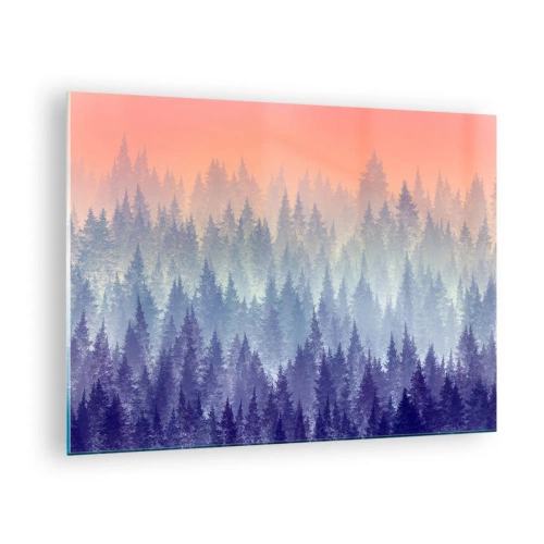 Glasbild - Bild auf glas - Geheimnisvoller Nadelwald in Pastelltönen des Morgens - 70x50cm - Hoch, höher, zum Himmel - Moderne Wanddekoration für Wohnzimmer und Schlafzimmer ARTTOR