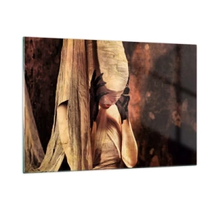 Glasbild - Bild auf glas - Eine geheimnisvolle Frau, umgeben von goldenen Stoffen - 120x80cm - Zwischen Gut und Böse - Moderne Wanddekoration für Wohnzimmer und Schlafzimmer ARTTOR