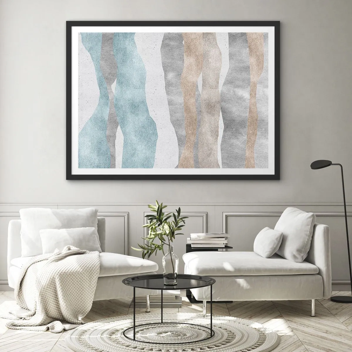 Poster in einem schwarzem Rahmen - Abstrakte Streifen in Pastelltönen - 70x50cm - Studie über Nähe - Moderne Wanddekoration für Wohnzimmer und Schlafzimmer ARTTOR