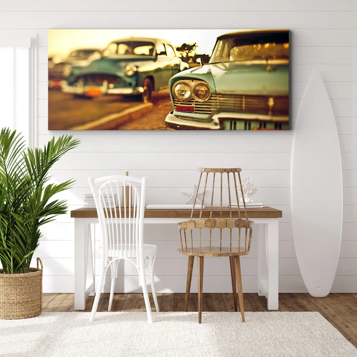 Bild auf Leinwand - Leinwandbild - Oldtimer im warmen Licht des Sonnenuntergangs - 160x50cm - Wir werden abwarten und sehen - Moderne Wanddekoration für Wohnzimmer und Schlafzimmer ARTTOR