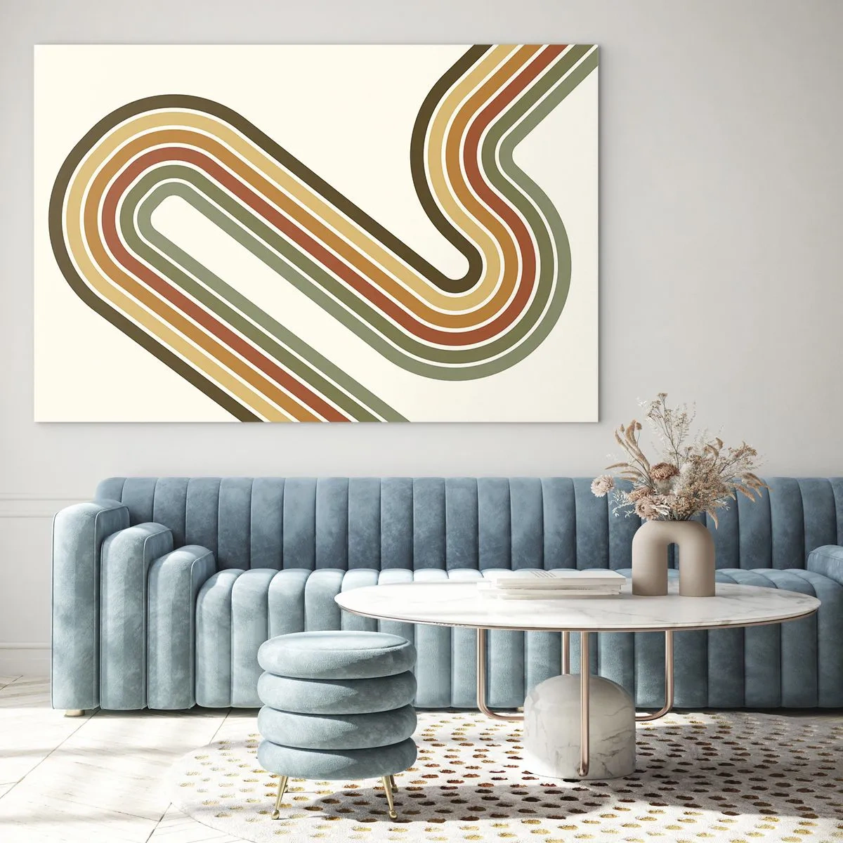 Glasbild - Bild auf glas - Geometrische Abstraktion im Retro-Stil mit Wellenlinien - 100x70cm - Zickzack zum Ziel - Moderne Wanddekoration für Wohnzimmer und Schlafzimmer ARTTOR