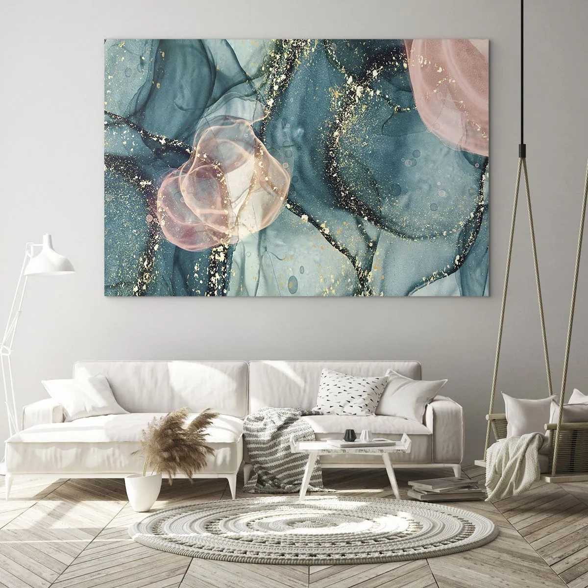 Glasbild - Bild auf glas - Abstrakte Formen in Blau und Pink mit goldenen Details - 70x50cm - Seidenblau, Tüllrosa - Moderne Wanddekoration für Wohnzimmer und Schlafzimmer ARTTOR