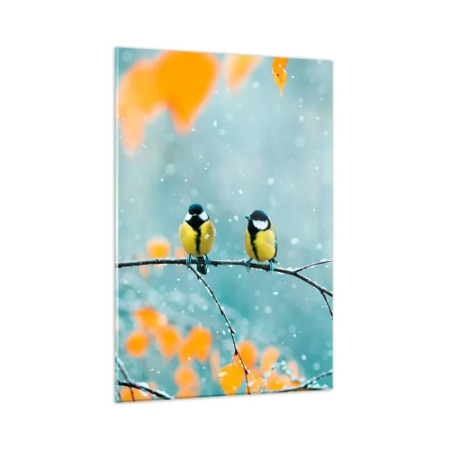 Glasbild - Bild auf glas - Zwei Vögel auf einem Ast in einer Winterlandschaft mit gelben Blättern. - 80x120cm - Vogelklatsch - Moderne Wanddekoration für Wohnzimmer und Schlafzimmer ARTTOR