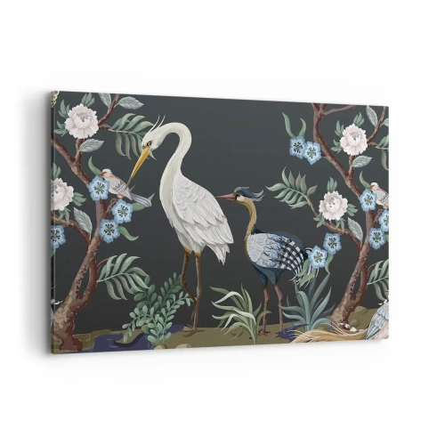 Bild auf Leinwand - Leinwandbild - Gemalte Vögel und Pflanzen auf dunklem Hintergrund mit elegantem Muster - 120x80cm - Vogelparade - Moderne Wanddekoration für Wohnzimmer und Schlafzimmer ARTTOR