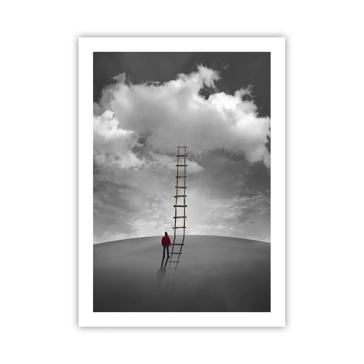 Poster - Ein Mann steht neben einer Leiter, die zu den Wolken führt - 50x70cm - Alles ist möglich - Moderne Wanddekoration für Wohnzimmer und Schlafzimmer ARTTOR