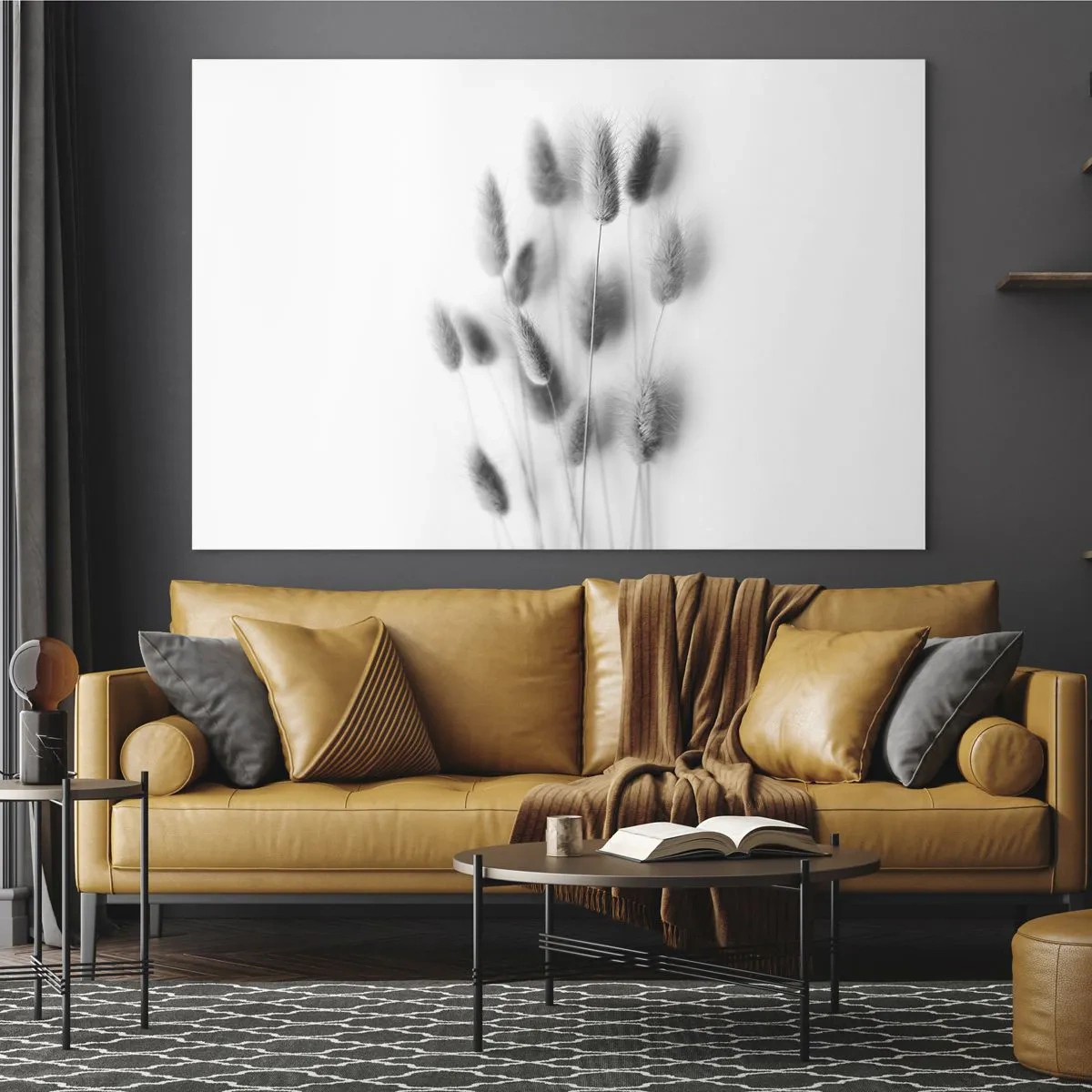 Glasbild - Bild auf glas - Schwarz-weiße Grasähren auf hellem Hintergrund im minimalistischen Stil - 70x50cm - Eure flauschige Grashoheit - Moderne Wanddekoration für Wohnzimmer und Schlafzimmer ARTTOR