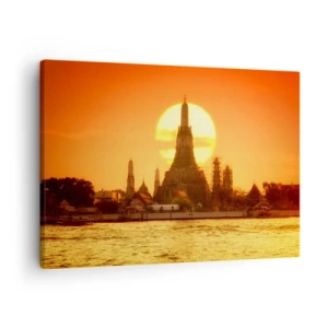Bild auf Leinwand - Leinwandbild - Sonnenuntergang über dem Tempel mit Spiegelbild im Wasser - 70x50cm - Der Sonne entgegen, immer der Sonne entgegen - Moderne Wanddekoration für Wohnzimmer und Schlafzimmer ARTTOR