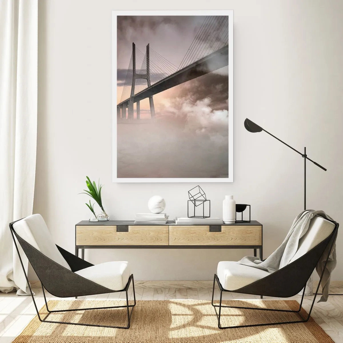 Poster - Eine Brücke im Nebel bei Sonnenaufgang - 50x70cm - Auf dem Fluss, den es nicht gibt - Moderne Wanddekoration für Wohnzimmer und Schlafzimmer ARTTOR