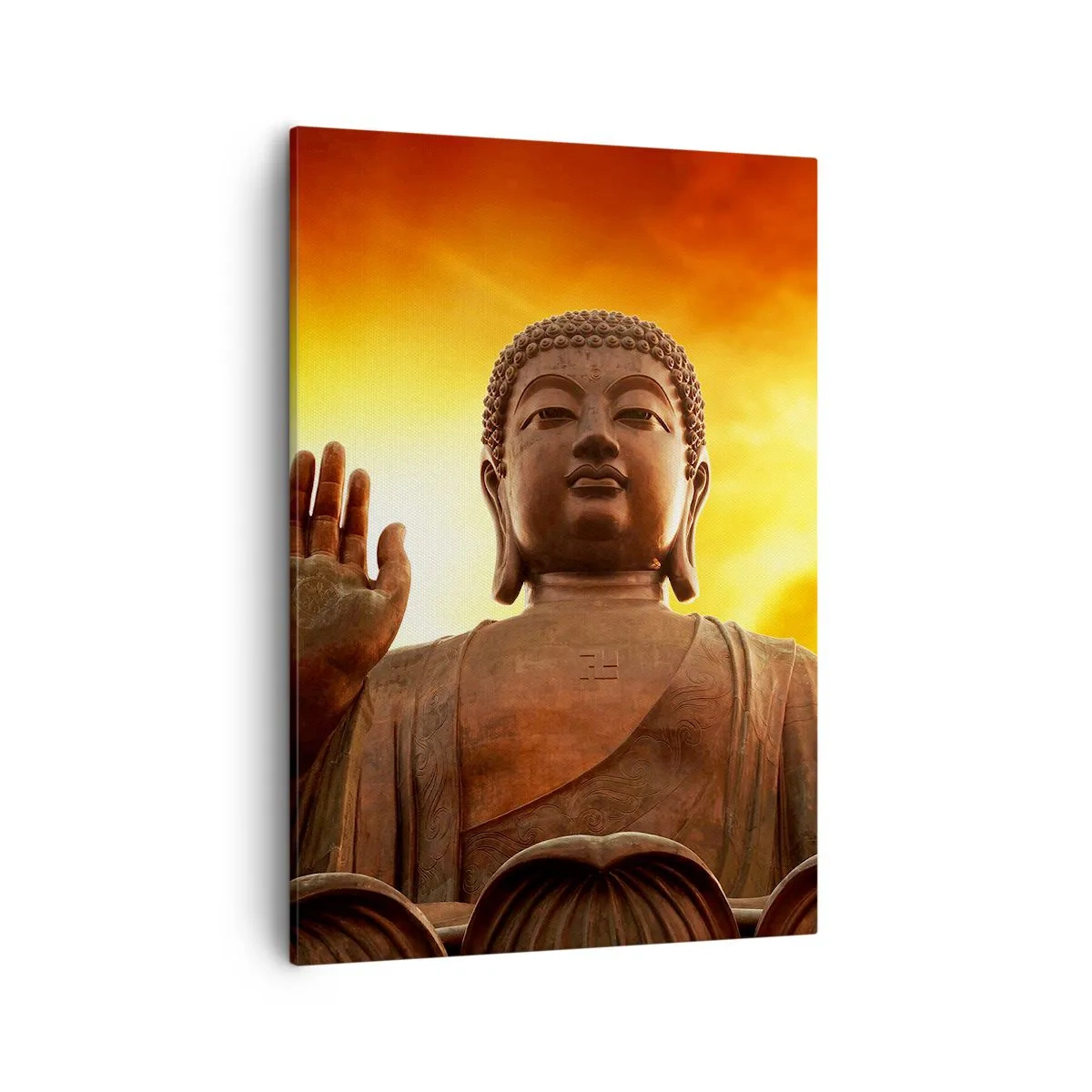 Bild auf Leinwand - Leinwandbild - Eine Buddha-Statue vor einem goldenen Sonnenuntergangshimmel - 50x70cm - Frieden der Welt - Moderne Wanddekoration für Wohnzimmer und Schlafzimmer ARTTOR