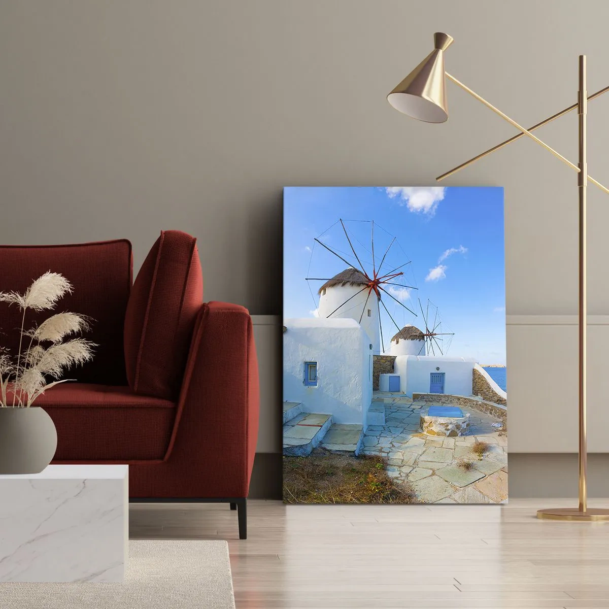 Bild auf Leinwand - Leinwandbild - Weiße Windmühlen an den Ufern des blauen Meeres - 50x70cm - Der blaue Wind vom Meer - Moderne Wanddekoration für Wohnzimmer und Schlafzimmer ARTTOR