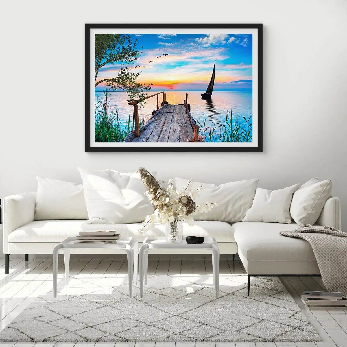 Poster in einem schwarzem Rahmen - Seepier mit Boot und Sonnenuntergang - 100x70cm - Guten Abend - Moderne Wanddekoration für Wohnzimmer und Schlafzimmer ARTTOR