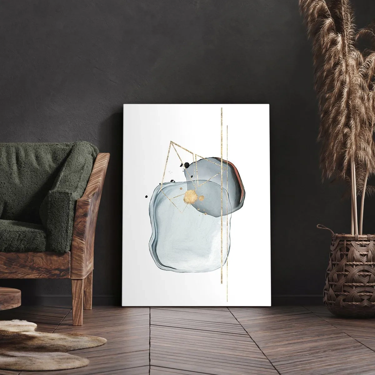 Bild auf Leinwand - Leinwandbild - Abstrakte Formen in Blau- und Goldtönen auf weißem Hintergrund - 50x70cm - Eine Studie über Tropfen - Moderne Wanddekoration für Wohnzimmer und Schlafzimmer ARTTOR