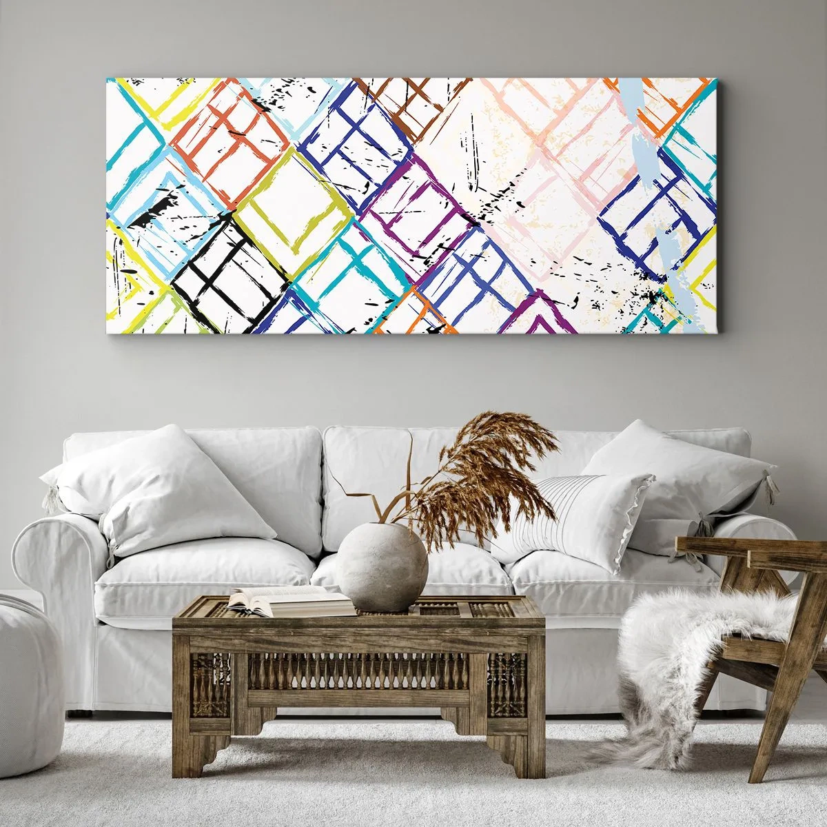 Bild auf Leinwand - Leinwandbild - Bunte Abstraktion mit geometrischen Formen auf weißem Hintergrund - 120x50cm - Zellen zu vermieten - Moderne Wanddekoration für Wohnzimmer und Schlafzimmer ARTTOR