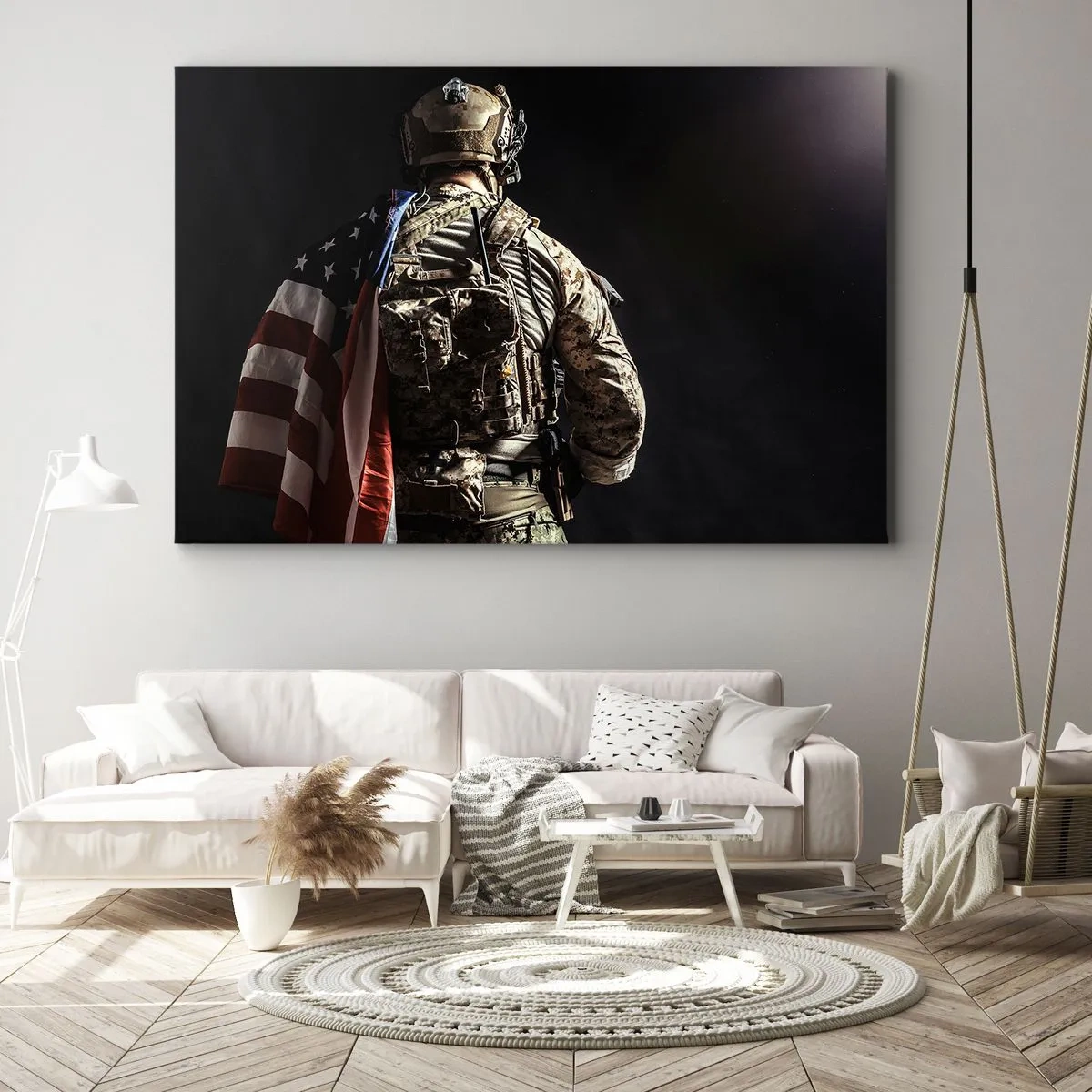 Bild auf Leinwand - Leinwandbild - Ein Soldat in Uniform mit einer Flagge vor dunklem Hintergrund - 70x50cm - Darum - Moderne Wanddekoration für Wohnzimmer und Schlafzimmer ARTTOR