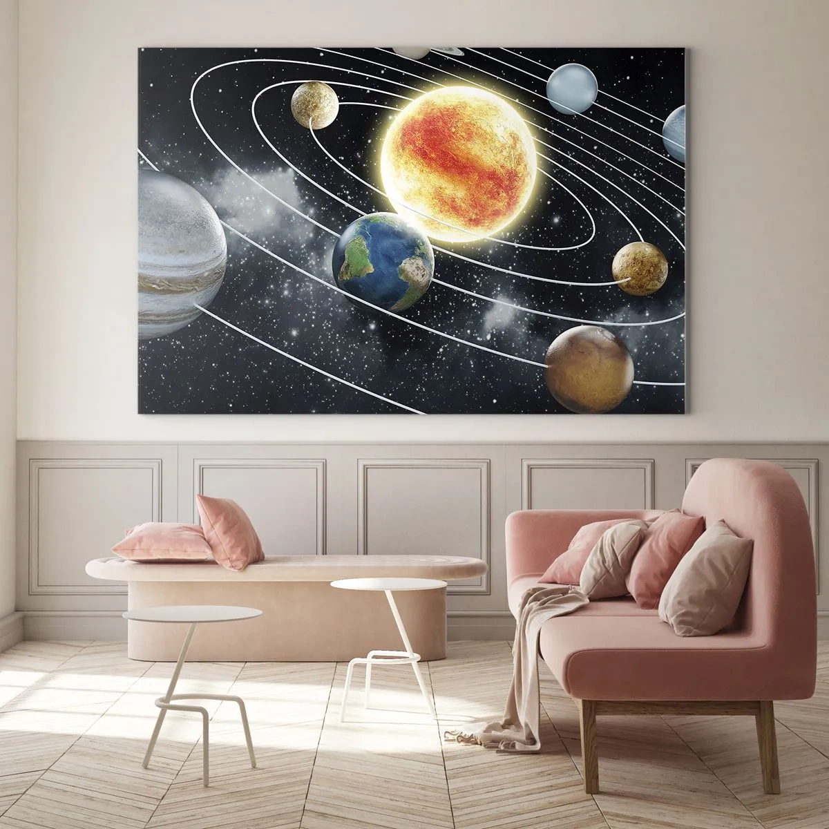 Glasbild - Bild auf glas - Das Sonnensystem mit Planeten und Umlaufbahnen vor dem Hintergrund des Weltraums - 100x70cm - Kosmischer Tanz - Moderne Wanddekoration für Wohnzimmer und Schlafzimmer ARTTOR