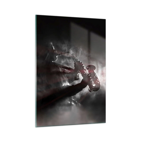 Glasbild - Bild auf glas - Saxophonist in einer Rauchwolke in Schwarz und Weiß - 50x70cm - In den Dämpfen des Jazz - Moderne Wanddekoration für Wohnzimmer und Schlafzimmer ARTTOR