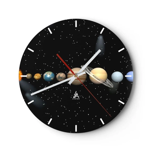 Wanduhr - Glasuhr - Das Sonnensystem mit Planeten vor dem Hintergrund der Sterne - 30x30cm - Und die Planeten werden verrückt und toben ... - Moderne Wanddekoration für Wohnzimmer, Küche und Schlafzimmer ARTTOR