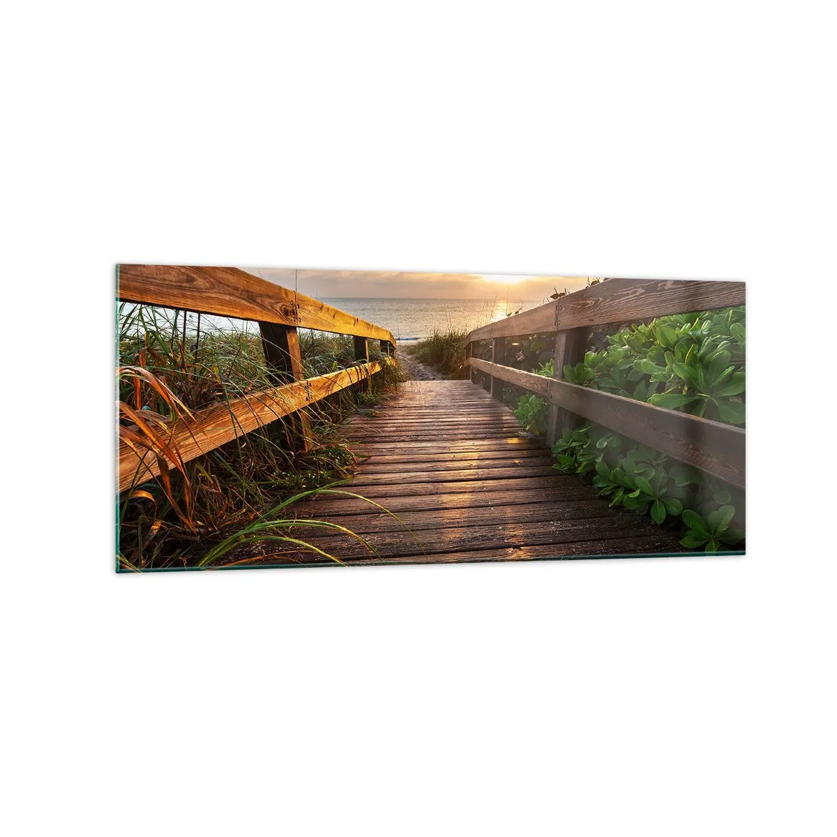 Glasbild - Bild auf glas - Holzsteg zum Strand bei Sonnenuntergang - 120x50cm - Und direkt ans Ufer - Moderne Wanddekoration für Wohnzimmer und Schlafzimmer ARTTOR