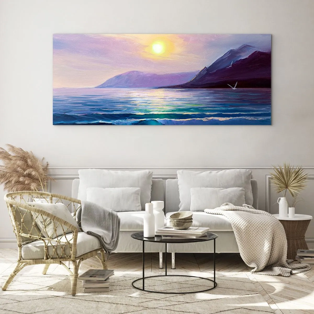 Glasbild - Bild auf glas - Eine malerische Meereslandschaft bei Sonnenuntergang mit Wellen und Bergen - 160x50cm - Wasser- und Luftkristall - Moderne Wanddekoration für Wohnzimmer und Schlafzimmer ARTTOR