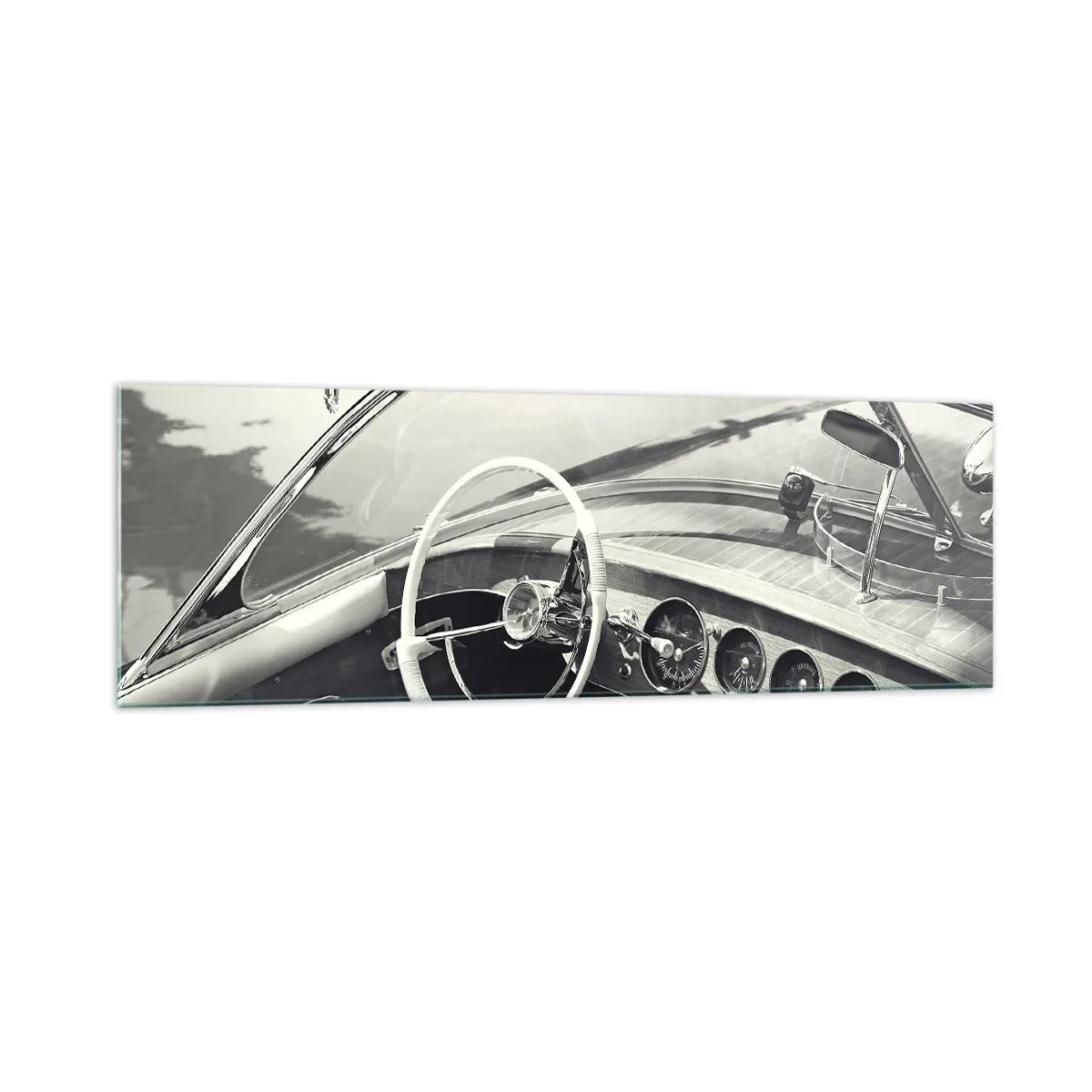 Glasbild - Bild auf glas - Oldtimer-Innenraum im monochromen Stil - 160x50cm - Wetter für die Reichen - Moderne Wanddekoration für Wohnzimmer und Schlafzimmer ARTTOR