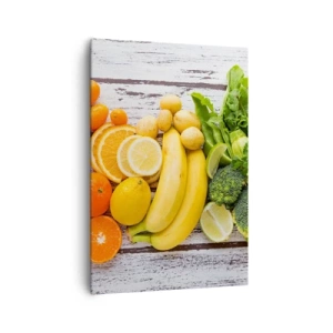 Bild auf Leinwand - Leinwandbild - Buntes Obst und Gemüse auf einem hölzernen Hintergrund - 70x100cm - Es ist nicht genug? - Moderne Wanddekoration für Wohnzimmer und Schlafzimmer ARTTOR