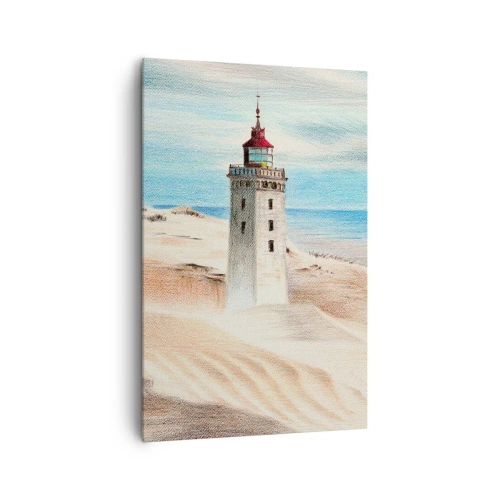 Bild auf Leinwand - Leinwandbild - Ein Leuchtturm, umgeben von Sanddünen und blauem Himmel - 80x120cm - Immer aufs Meer starrend - Moderne Wanddekoration für Wohnzimmer und Schlafzimmer ARTTOR
