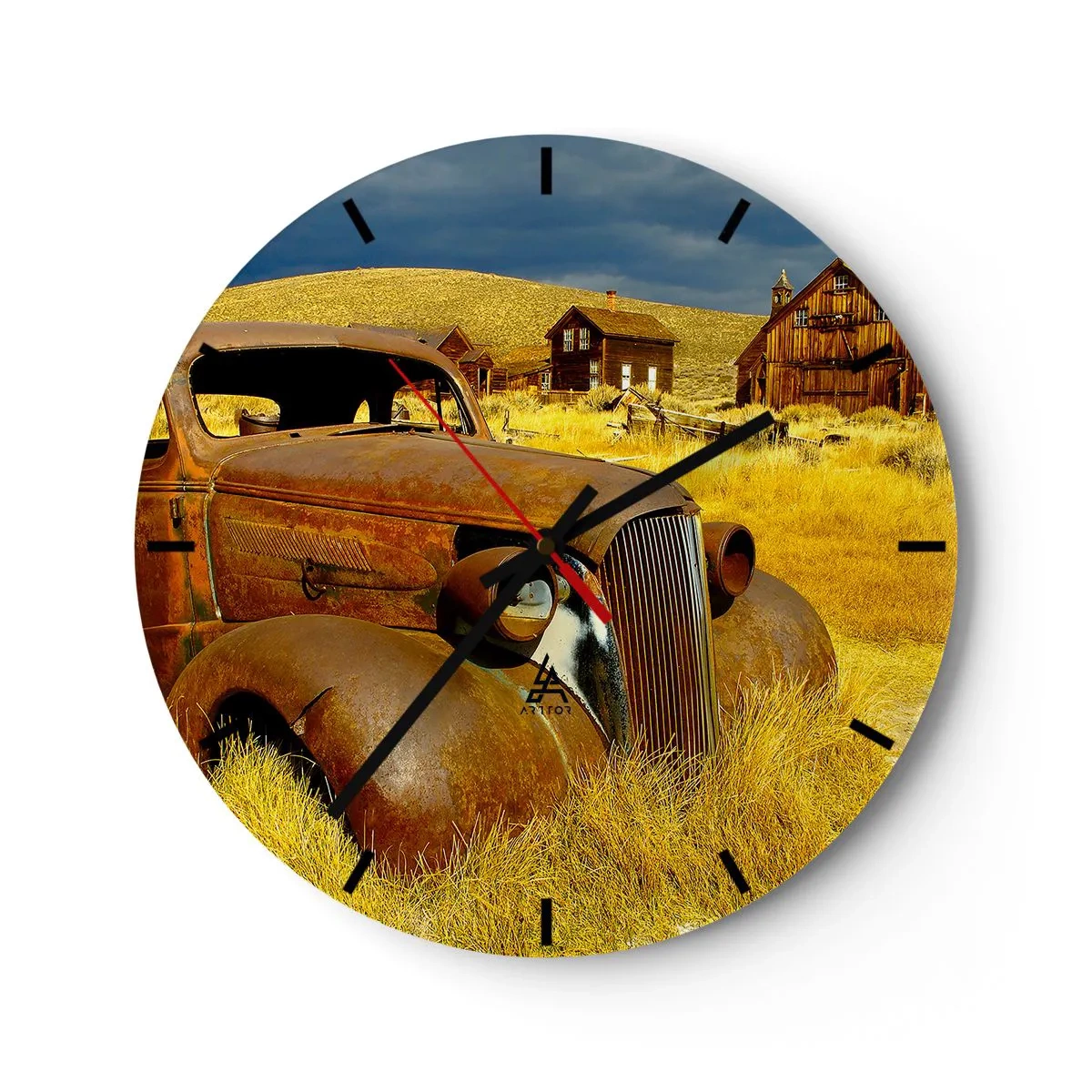 Wanduhr - Glasuhr - Ein altes rostiges Auto vor der Kulisse eines verlassenen Dorfes - 30x30cm - Eine wohlverdiente Ruhe - Moderne Wanddekoration für Wohnzimmer, Küche und Schlafzimmer ARTTOR