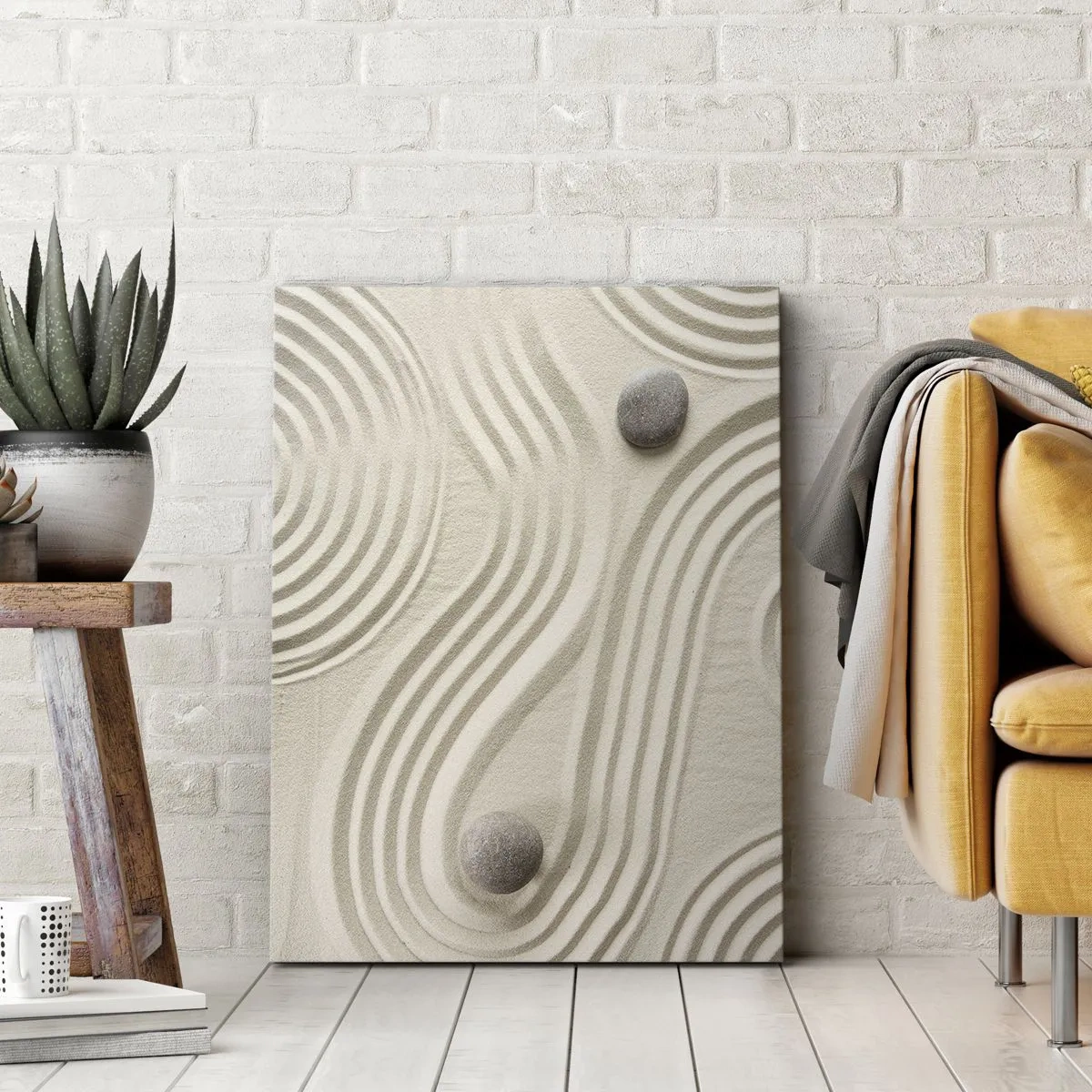 Bild auf Leinwand - Leinwandbild - Minimalistisches Zen-Design mit Sand und Steinen - 50x70cm - Ein Hauch von Wärme - Moderne Wanddekoration für Wohnzimmer und Schlafzimmer ARTTOR