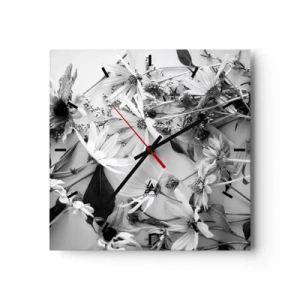 Wanduhr - Glasuhr - Schwarz-weiße Blumenarrangements in dezentem Kunststil - 30x30cm - Kein Blumenstrauß - Moderne Wanddekoration für Wohnzimmer und Schlafzimmer ARTTOR