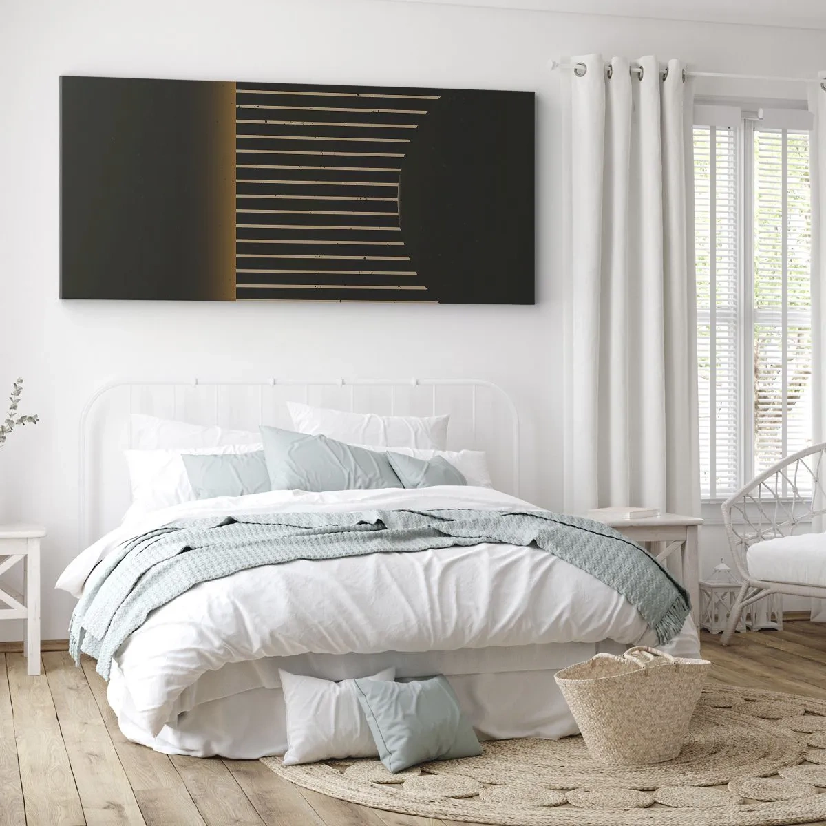 Bild auf Leinwand - Leinwandbild - Geometrisches Muster mit Streifen auf dunklem Hintergrund - 140x50cm - Die Dunkelheit erkunden - Moderne Wanddekoration für Wohnzimmer und Schlafzimmer ARTTOR