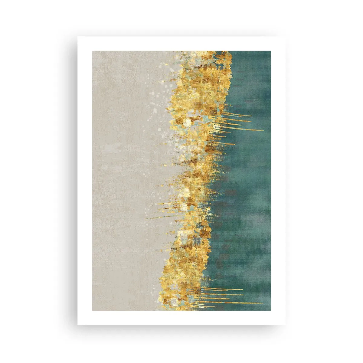 Poster - Eine abstrakte Komposition aus Gold, Beige und Grün - 50x70cm - Goldener Rand - Moderne Wanddekoration für Wohnzimmer und Schlafzimmer ARTTOR