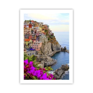 Poster - Blick auf farbenfrohe Gebäude auf einer Klippe über dem Meer - 50x70cm - Lachende Stadt - Moderne Wanddekoration für Wohnzimmer und Schlafzimmer ARTTOR