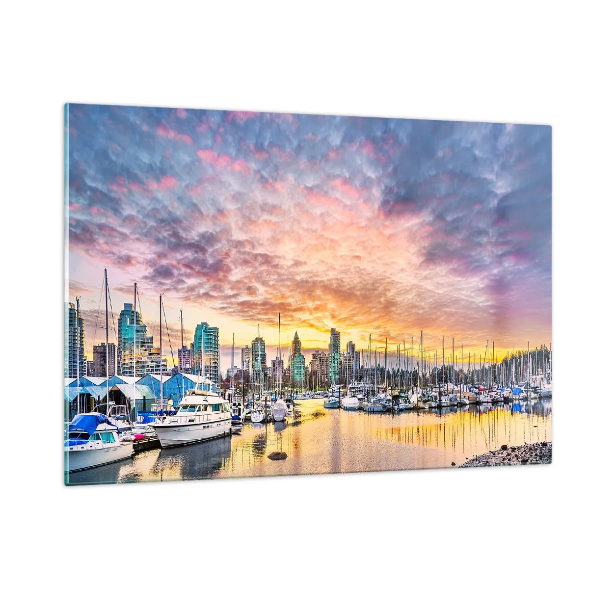 Glasbild - Bild auf glas - Sonnenuntergang über dem Yachthafen mit Booten und Wolkenkratzern - 120x80cm - Die Stadt der tausend Seefahrer - Moderne Wanddekoration für Wohnzimmer und Schlafzimmer ARTTOR