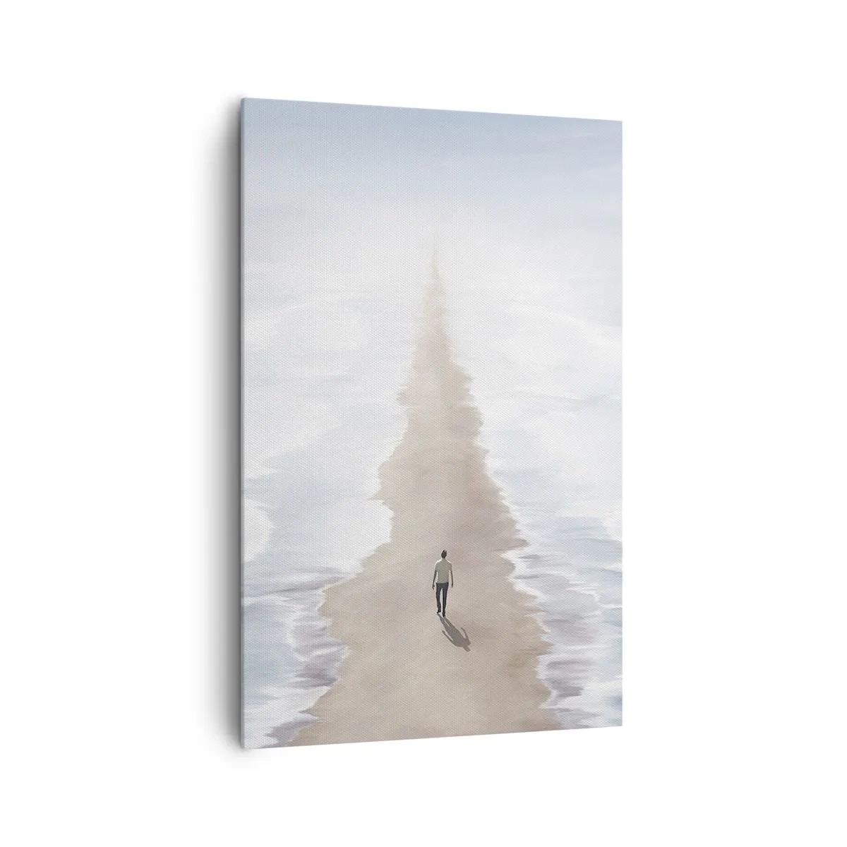 Bild auf Leinwand - Leinwandbild - Eine Figur auf einer einsamen Straße inmitten einer weiten Wasserlandschaft - 80x120cm - Glänzende Zukunft - Moderne Wanddekoration für Wohnzimmer und Schlafzimmer ARTTOR