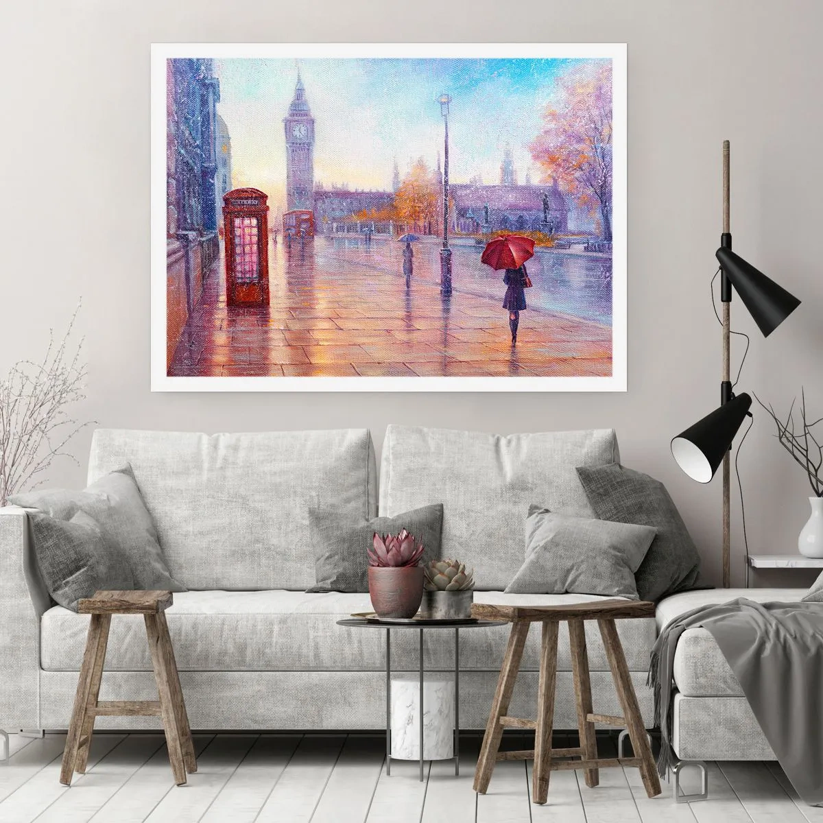 Poster - Londoner Straße mit Big Ben an einem regnerischen Tag - 100x70cm - Londoner Herbsttag - Moderne Wanddekoration für Wohnzimmer und Schlafzimmer ARTTOR