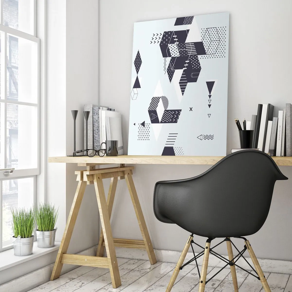 Glasbild - Bild auf glas - Moderne geometrische Grafiken in Weiß- und Marineblautönen - 80x120cm - In der Seele eines Mathematikers - Moderne Wanddekoration für Wohnzimmer und Schlafzimmer ARTTOR