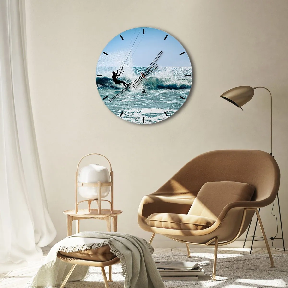 Wanduhr - Glasuhr - Kitesurfer reitet an einem sonnigen Tag am Meer auf einer Welle - 30x30cm - Hinreißen lassen - Moderne Wanddekoration für Wohnzimmer, Küche und Schlafzimmer ARTTOR
