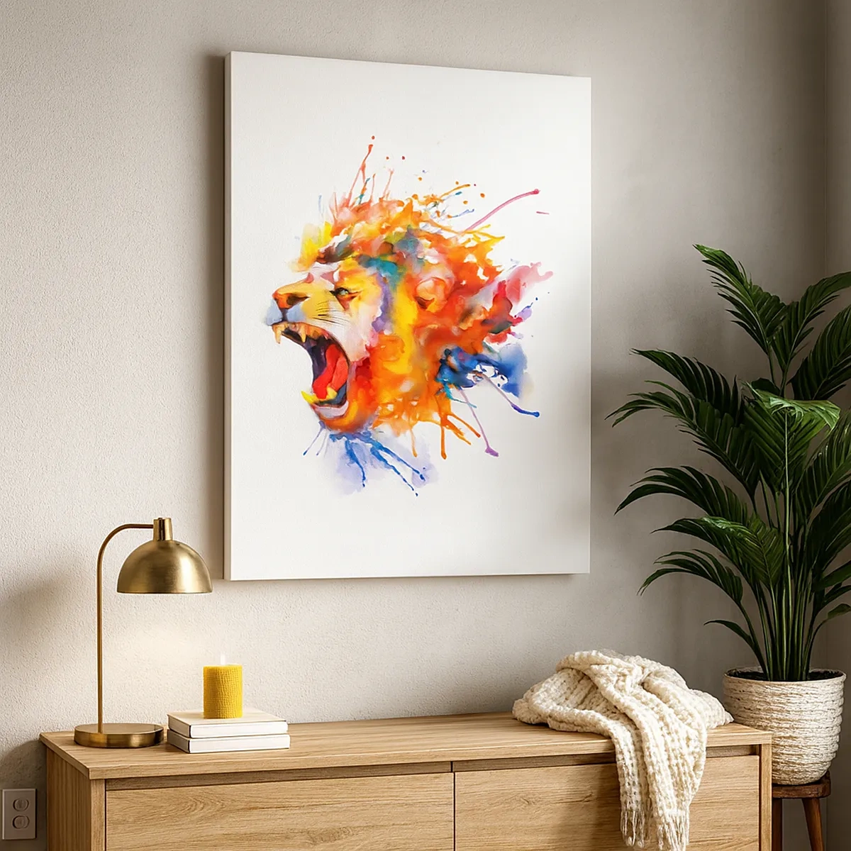 Bild auf Leinwand - Leinwandbild - Farbenfrohes Löwenporträt im dynamischen Stil - 50x70cm - Um vor Wut zu explodieren - Moderne Wanddekoration für Wohnzimmer und Schlafzimmer ARTTOR