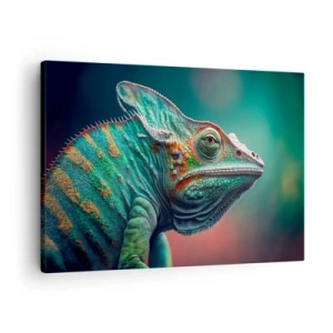 Bild auf Leinwand - Leinwandbild - Nahaufnahme eines Chamäleons in intensiven Farben - 70x50cm - Siehst du mich? Nicht gut… - Moderne Wanddekoration für Wohnzimmer und Schlafzimmer ARTTOR