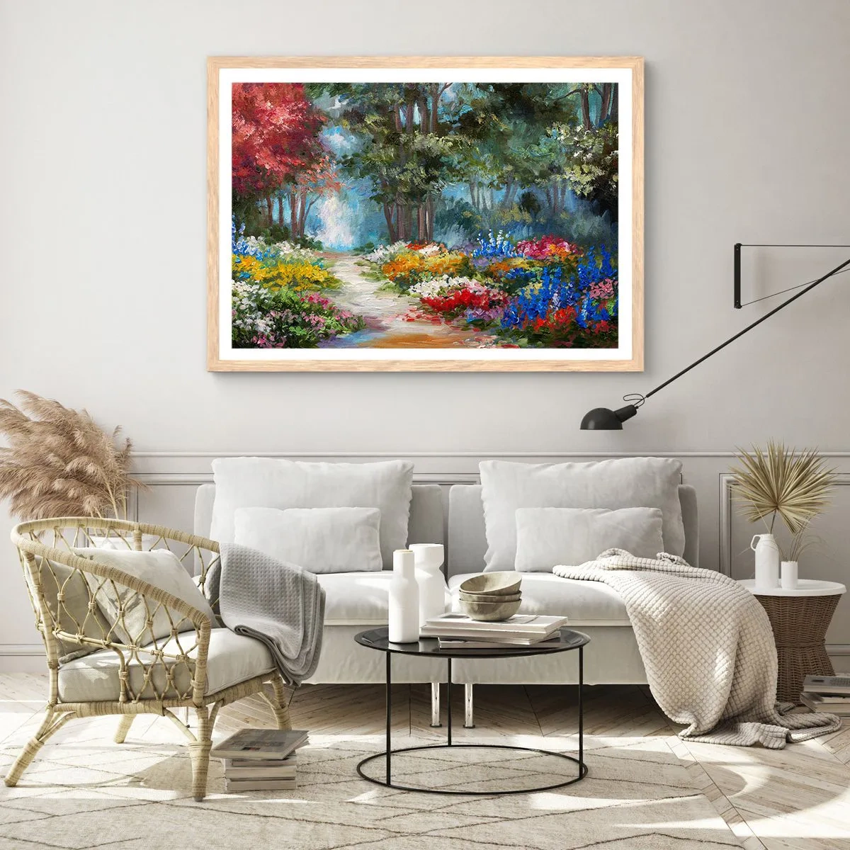 Poster in einem Rahmen aus heller Eiche - Waldgarten, Blumenwald - 100x70 cm