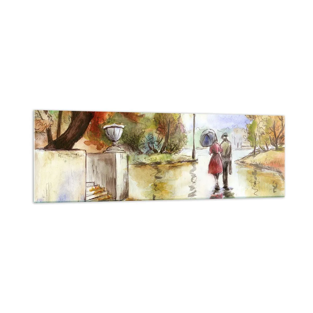 Glasbild - Bild auf glas - Ein Spaziergang im Herbstpark mit einem Regenschirm - 160x50cm - Romantischer Herbst im Park - Moderne Wanddekoration für Wohnzimmer und Schlafzimmer ARTTOR
