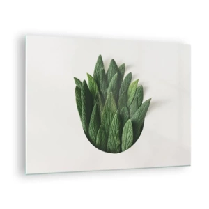 Glasbild - Bild auf glas - Grüne Blätter in Form einer Vase auf weißem Hintergrund angeordnet - 70x50cm - Ungebremste Neugier - Moderne Wanddekoration für Wohnzimmer und Schlafzimmer ARTTOR