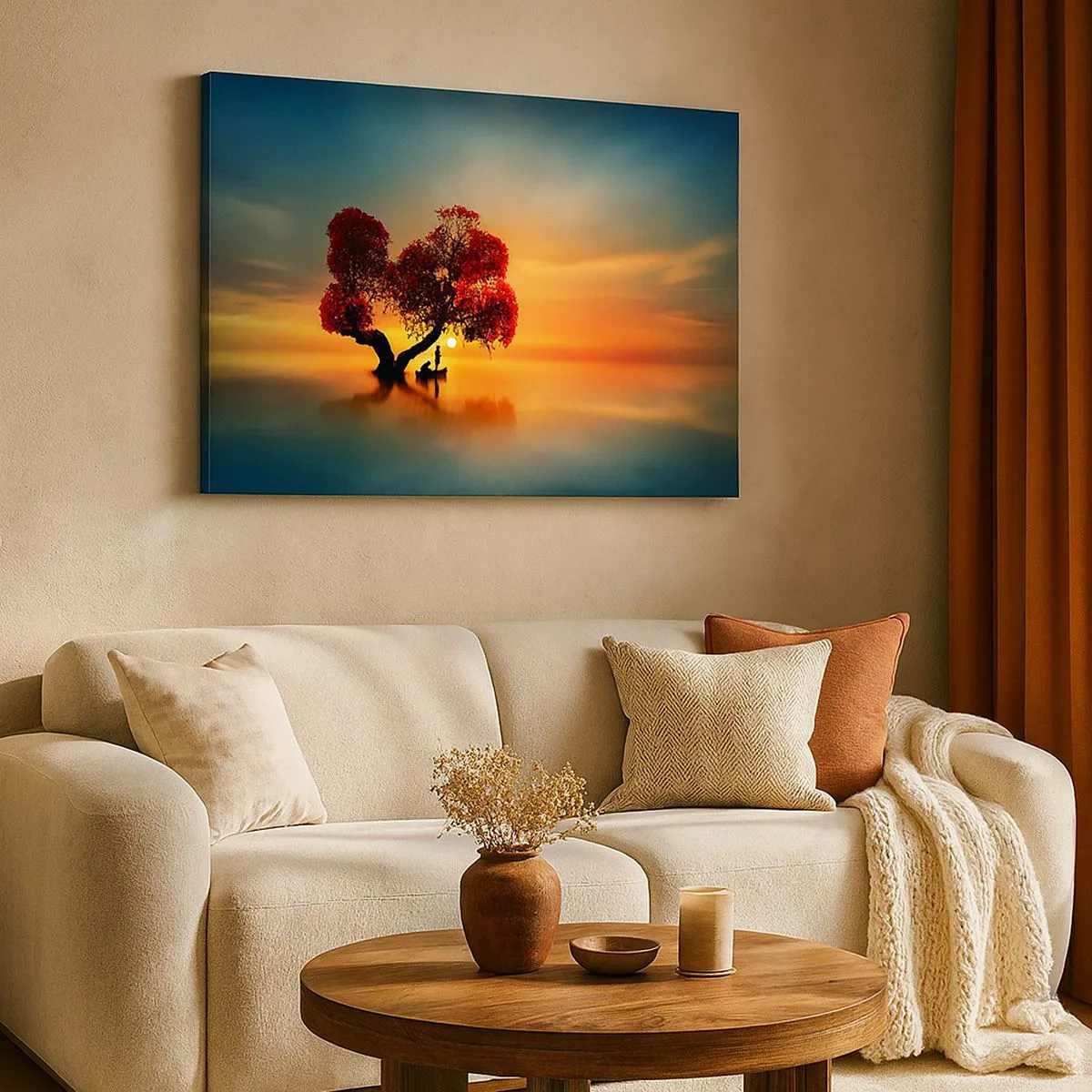 Bild auf Leinwand - Leinwandbild - Ein rotblättriger Baum und ein Boot auf dem Wasser bei Sonnenuntergang - 70x50cm - Oddaysons und die Stille der Weltlosen - Moderne Wanddekoration für Wohnzimmer und Schlafzimmer ARTTOR